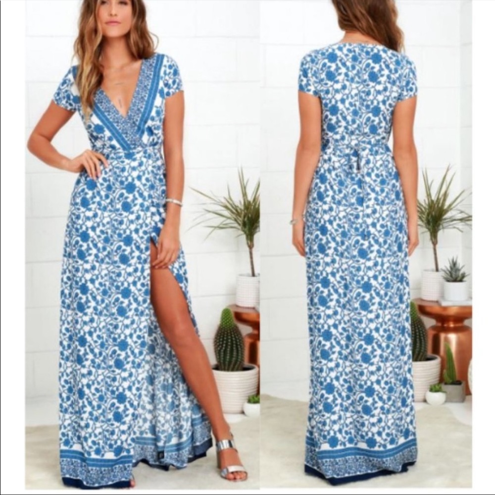 Lulu's French Doors Ivory and Blue Floral Print Wrap Boho Vacation Maxi Dress